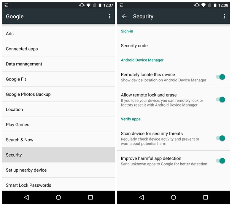 snímek obrazovky funkcí zabezpečení systému Androidpit