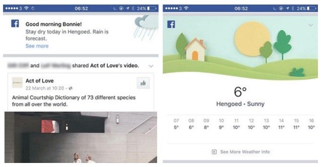 Vizuální - Zahrnuje informace o počasí na zdi Facebooku