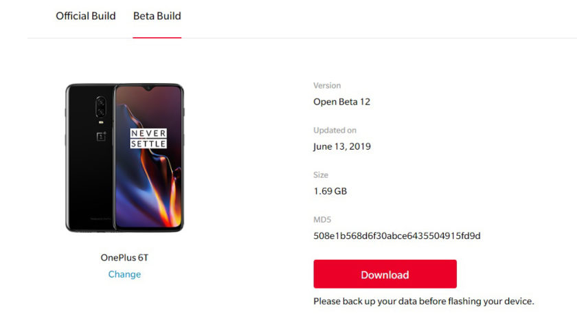 Screenshot stránky s beta stahováním OnePlus 6T OxygenOS.