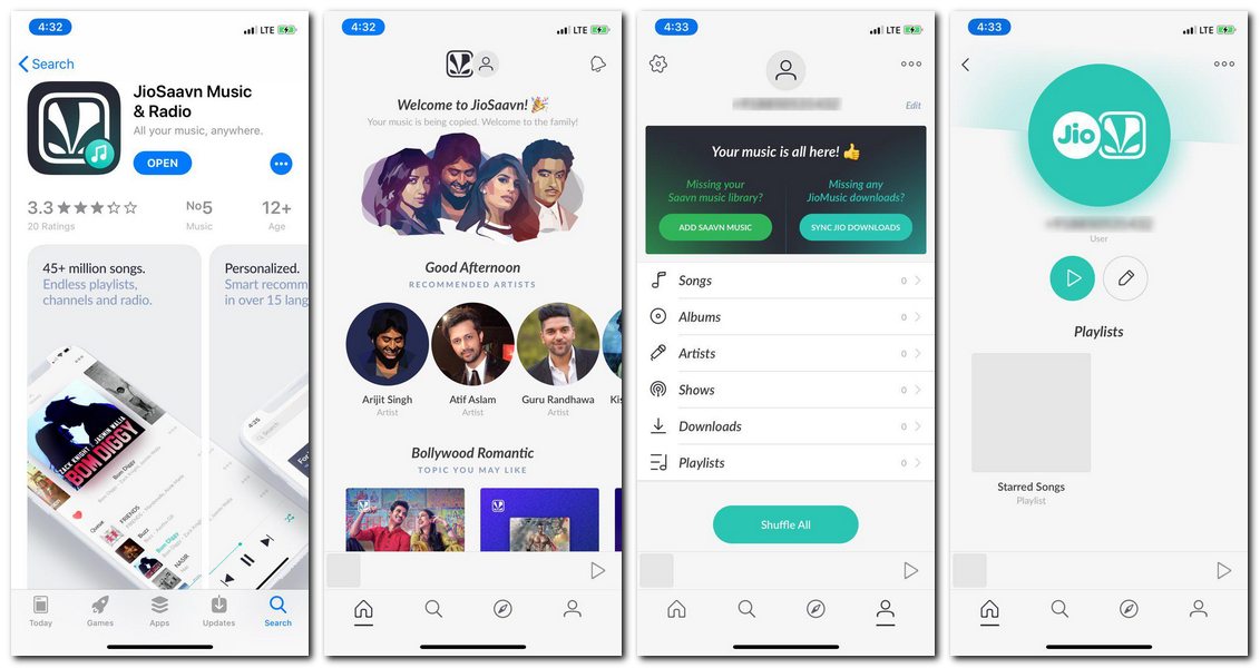 Screenshoty aplikace JioSaavn.