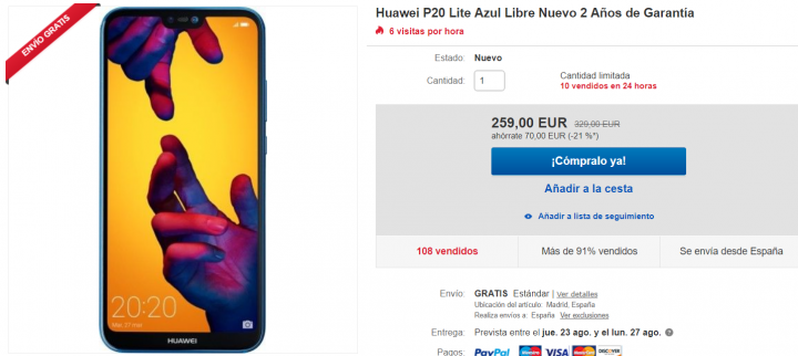 Vizuální nabídka: Huawei P20 Lite za pouhých 259 EUR na eBay