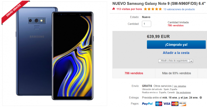 Vizuální - nabídka: Samsung Galaxy Note 9 pouze za 639 eur na eBay