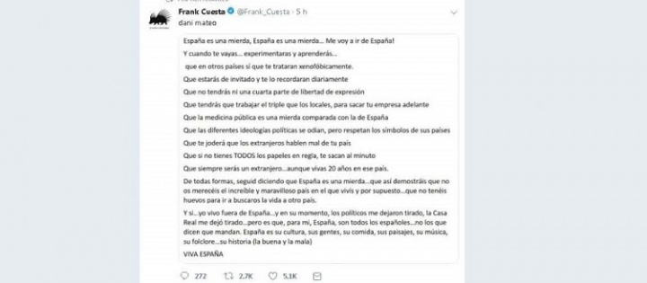 Obrázek - Twitterový účet Franka Cuesty byl zrušen kvůli odpovědi na Dani Mateo