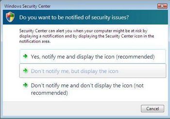 Změna oznámení Centra zabezpečení systému Windows Vista